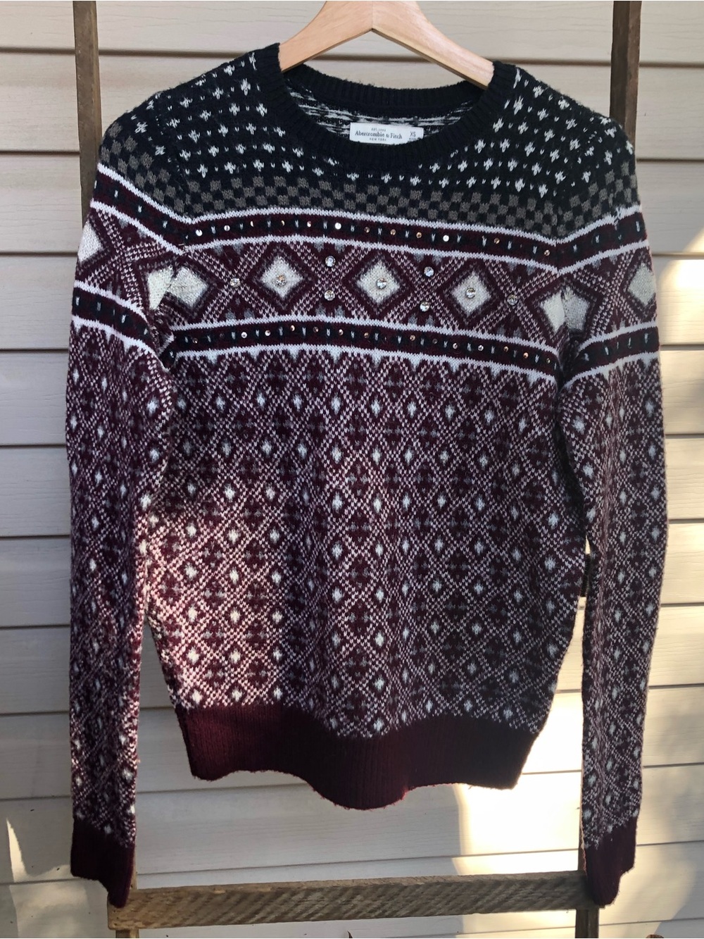 Abercrombie & Fitch Maroon and Cream Fair Isle Crewneck Sweater